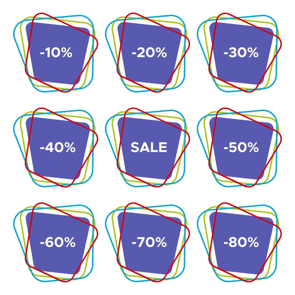 Set of nine sale stickers with different discount values. Sale label template. Vector illustration