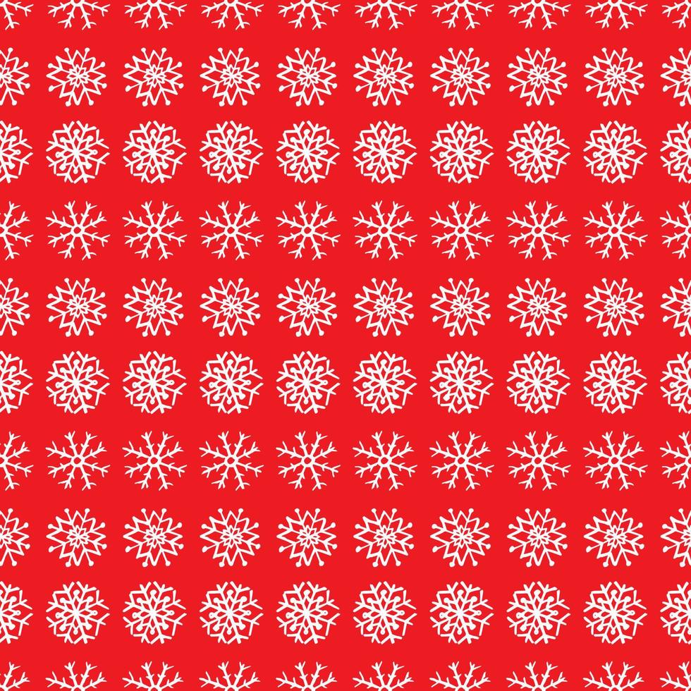Seamless background of hand drawn snowflakes. White snowflakes on red background. Christmas and New Year decoration elements. Vector illustration.