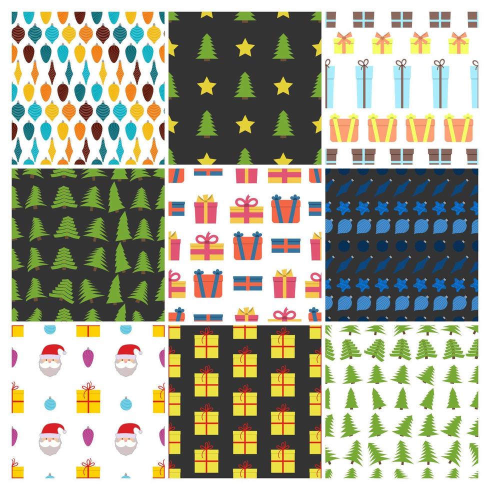 Set of nine Christmas Seamless Patterns with icons in flat style. Vector illustration