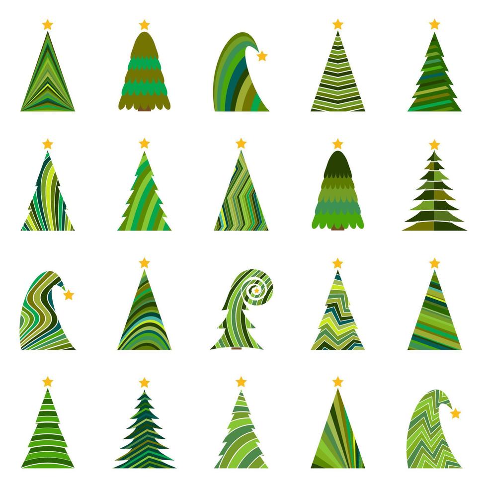 Set of twenty different Christmas trees. Isolated vector illustration for Merry Christmas and Happy New Year.