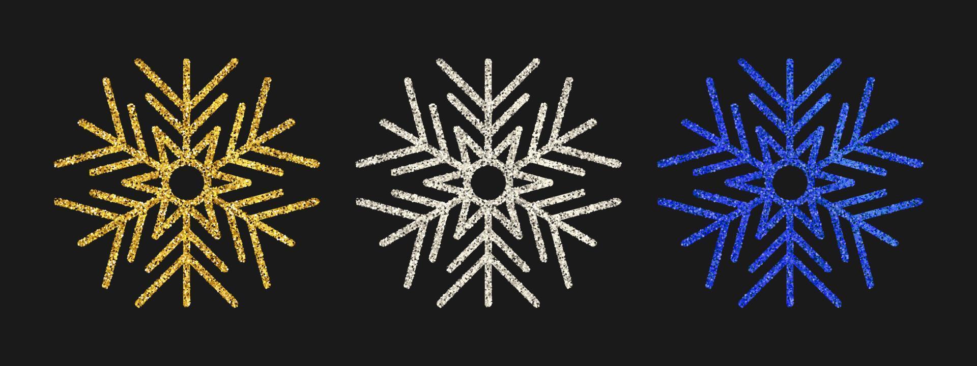 Glitter snowflakes on dark background. Set of three gold, silver and blue glitter snowflakes. Christmas and New Year decoration elements. Vector illustration.
