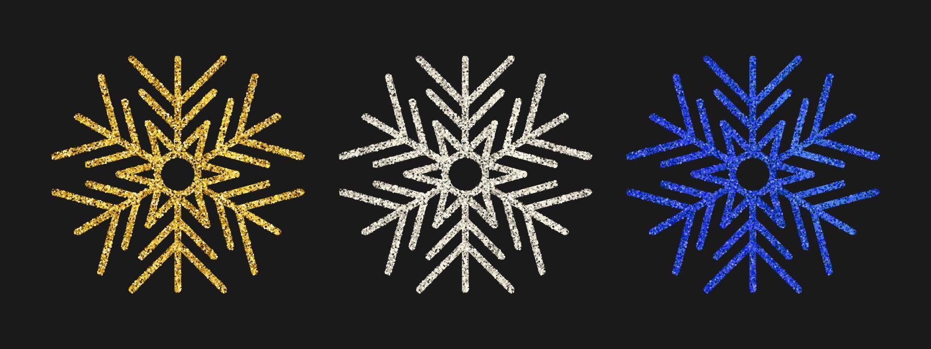 Glitter snowflakes on dark background. Set of three gold, silver and blue glitter snowflakes. Christmas and New Year decoration elements. Vector illustration.