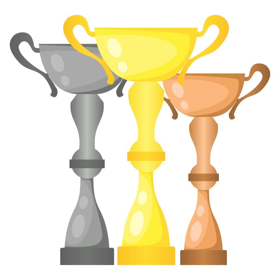 Set of vector trophy champion cups in gold, silver and bronze. Championship prizes for first, second and third place. Victory symbols isolated on white background.