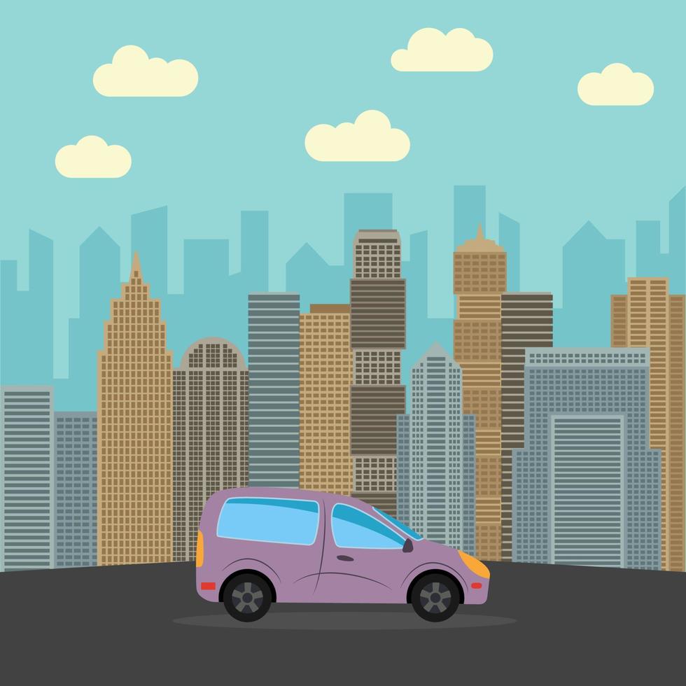 coche azul en la ciudad. automóvil sobre un fondo de rascacielos en un día soleado. ilustración vectorial vector