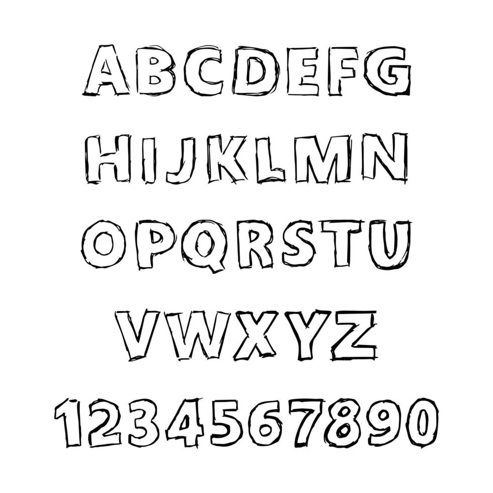 Hand Drawn Latin Alphabet Letters and Numbers. Uppercase modern font and typeface. Black symbols on white background. Vector illustration.