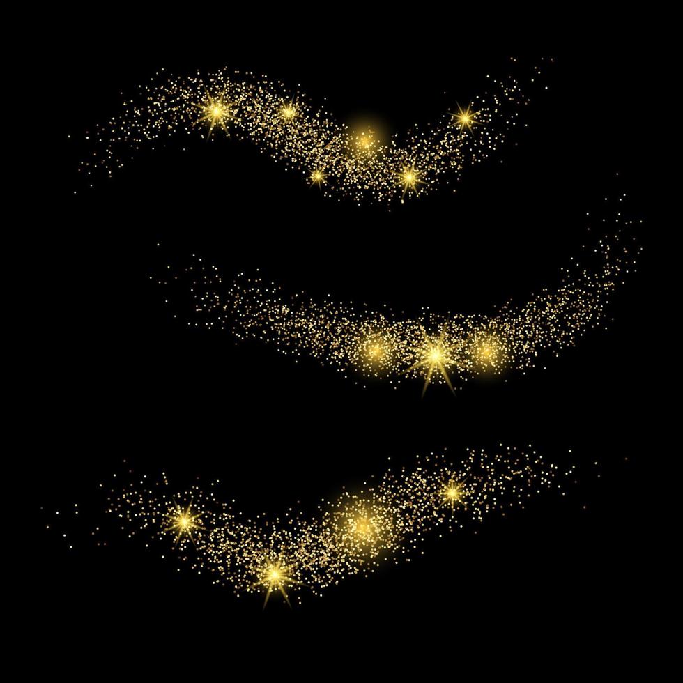 conjunto de tres ondas de luz con efecto de brillo dorado sobre un fondo negro. líneas de remolino abstracto. ilustración vectorial vector
