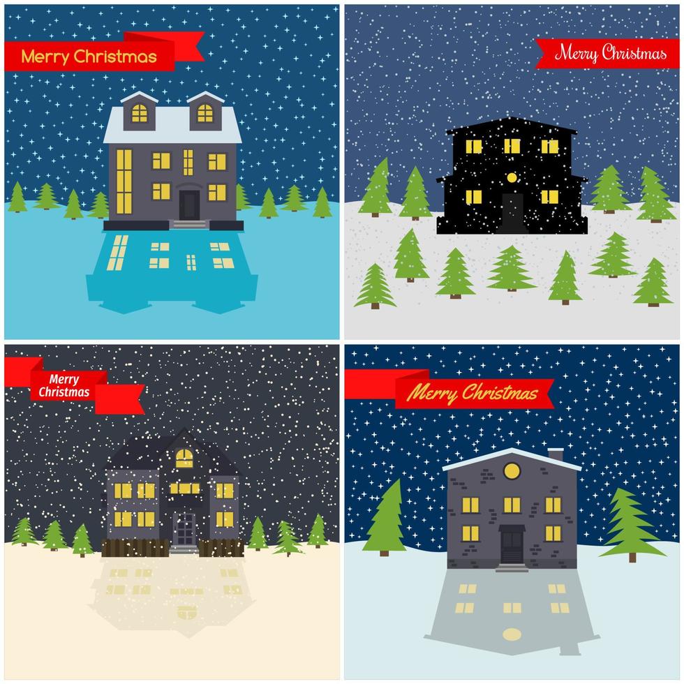 Set of four vector illustration with winter night, lonely houses and a red ribbons with the inscription Happy Christmas.