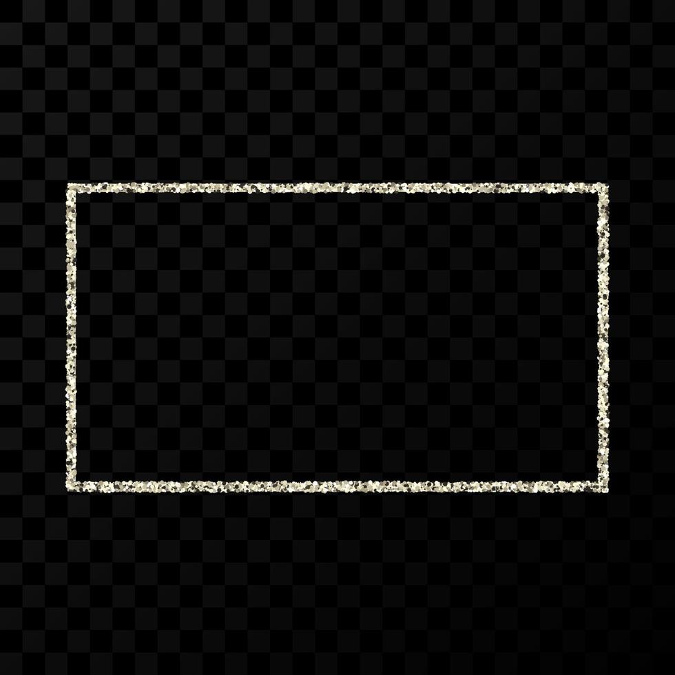 Silver glitter frame. Rectangle vertical frame with shiny sparkles on dark transparent background. Vector illustration