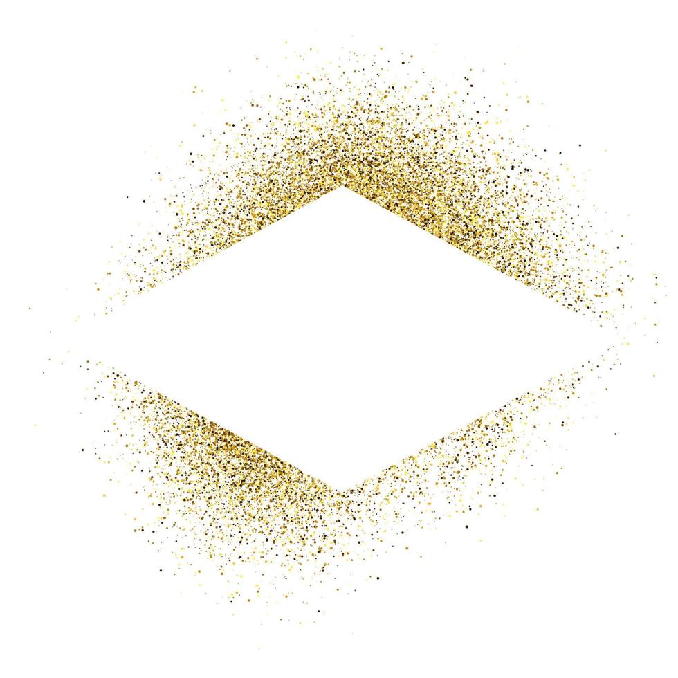 Greeting card with white rhombus frame on golden glitter background. Empty white background. Vector illustration.