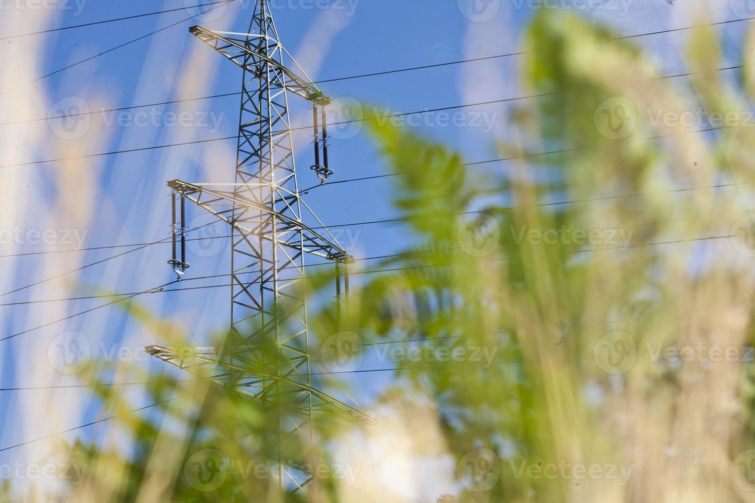 imagen del poste de energía con hierba borrosa en primer plano como contraste entre la tecnología moderna y la naturaleza foto