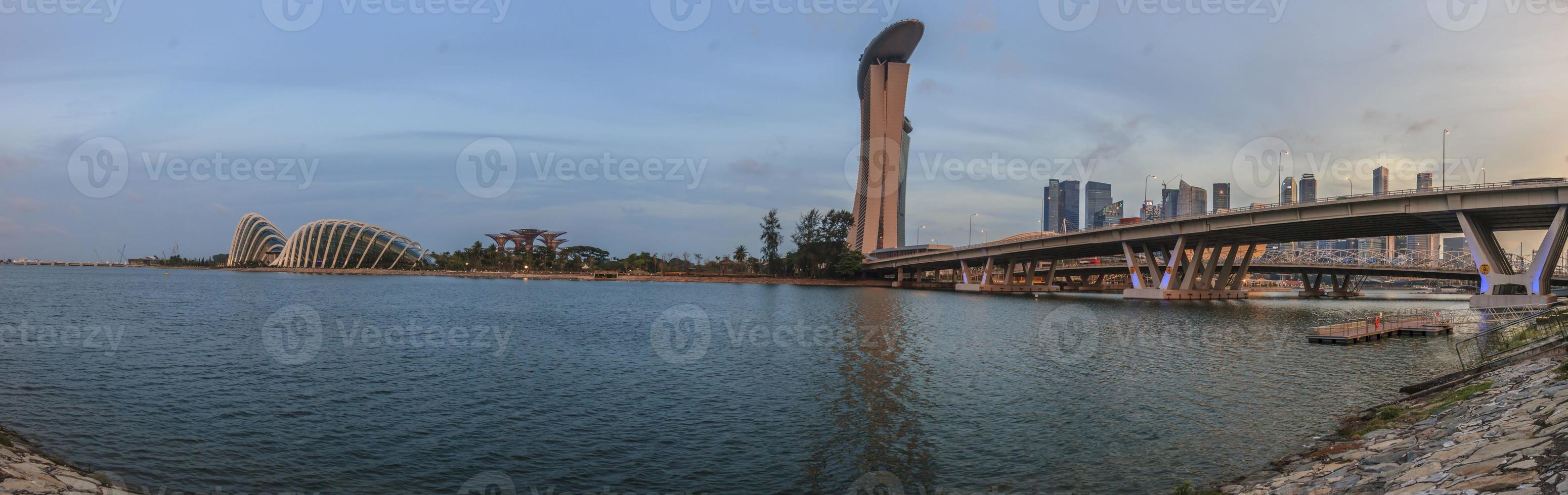 Panoramic picture of Gardens by the Bay in Singapore from Singapore Flyer at evening twilight photo