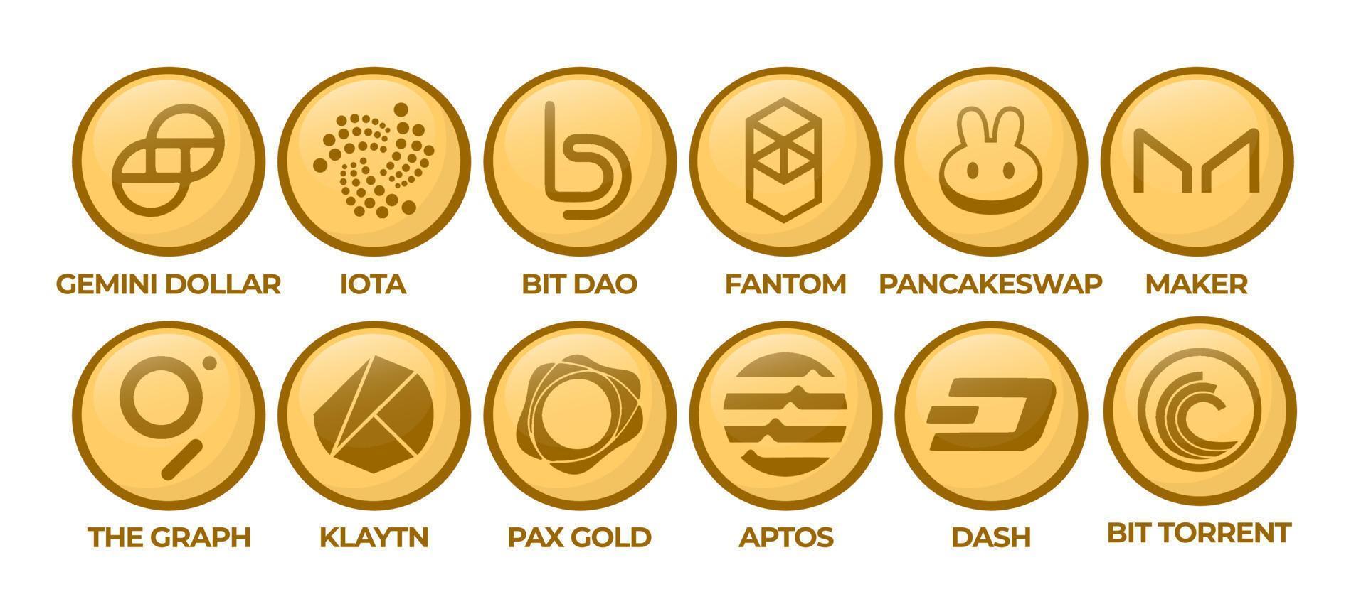 conjunto de monedas con el logotipo de criptomoneda dólar gemini, iota, bitdao, fantom, intercambio de panqueques, fabricante, el gráfico, klaytn, pax gold, aptos, guión, bittorrent vector