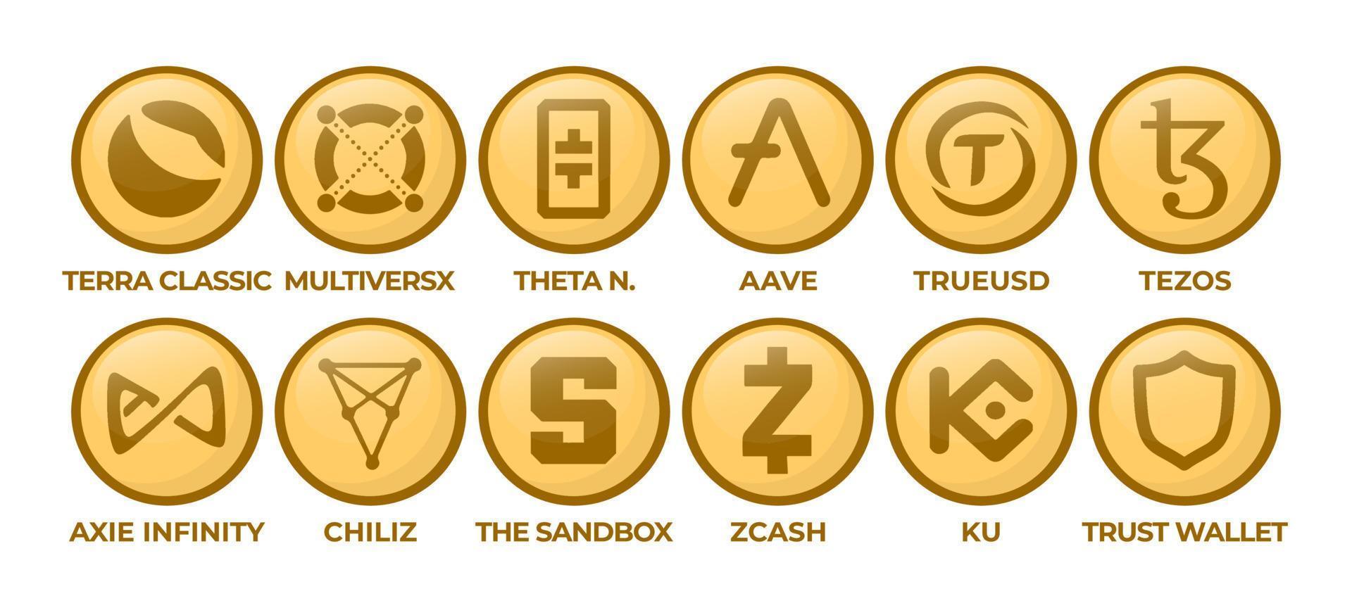 Set of Cryptocurrency Logo Coins Terra Classic, MultiversX, Theta Network, Aave, TrueUSD, Tezos, Axie Infinity, Chiliz, The Sandbox, Zcash, KuCoin, Trust Wallet vector