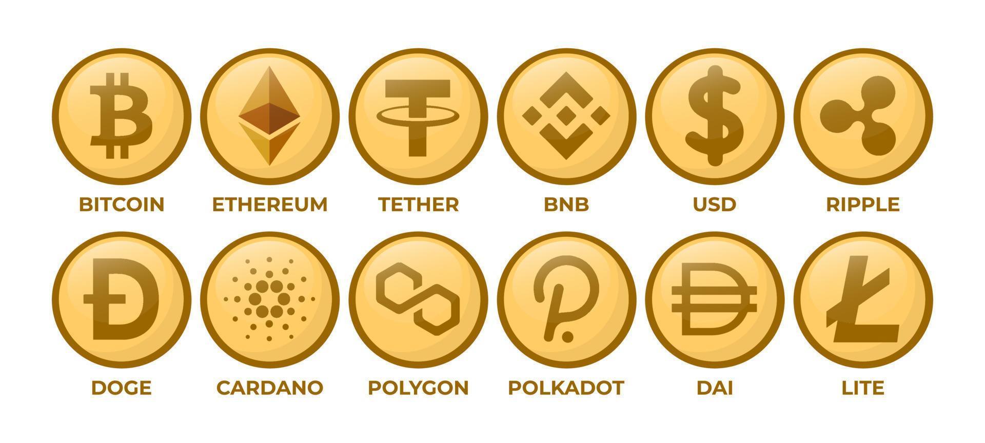 Set of Cryptocurrency Logo Coins Bitcoin, Ethereum, Tether, BNB, USD, Ripple, Doge, Cardano, Polygon, Polkadot, Dai, Lite vector