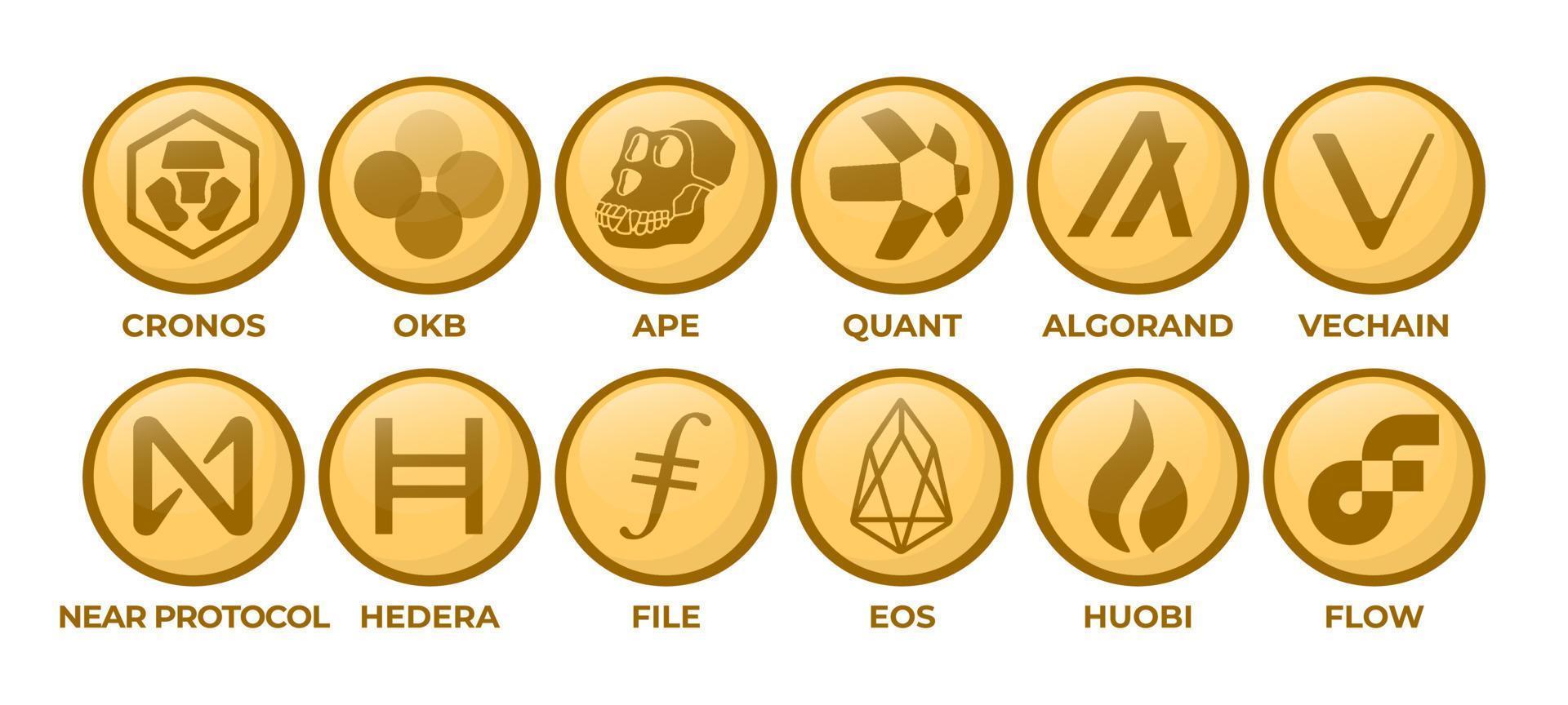 Set of Cryptocurrency Logo Coins Cronos, OKB, Ape, Quant, Algorand, VeChain, NEAR Protocol, Hedera, File, EOS, Huobi Token, Flow vector