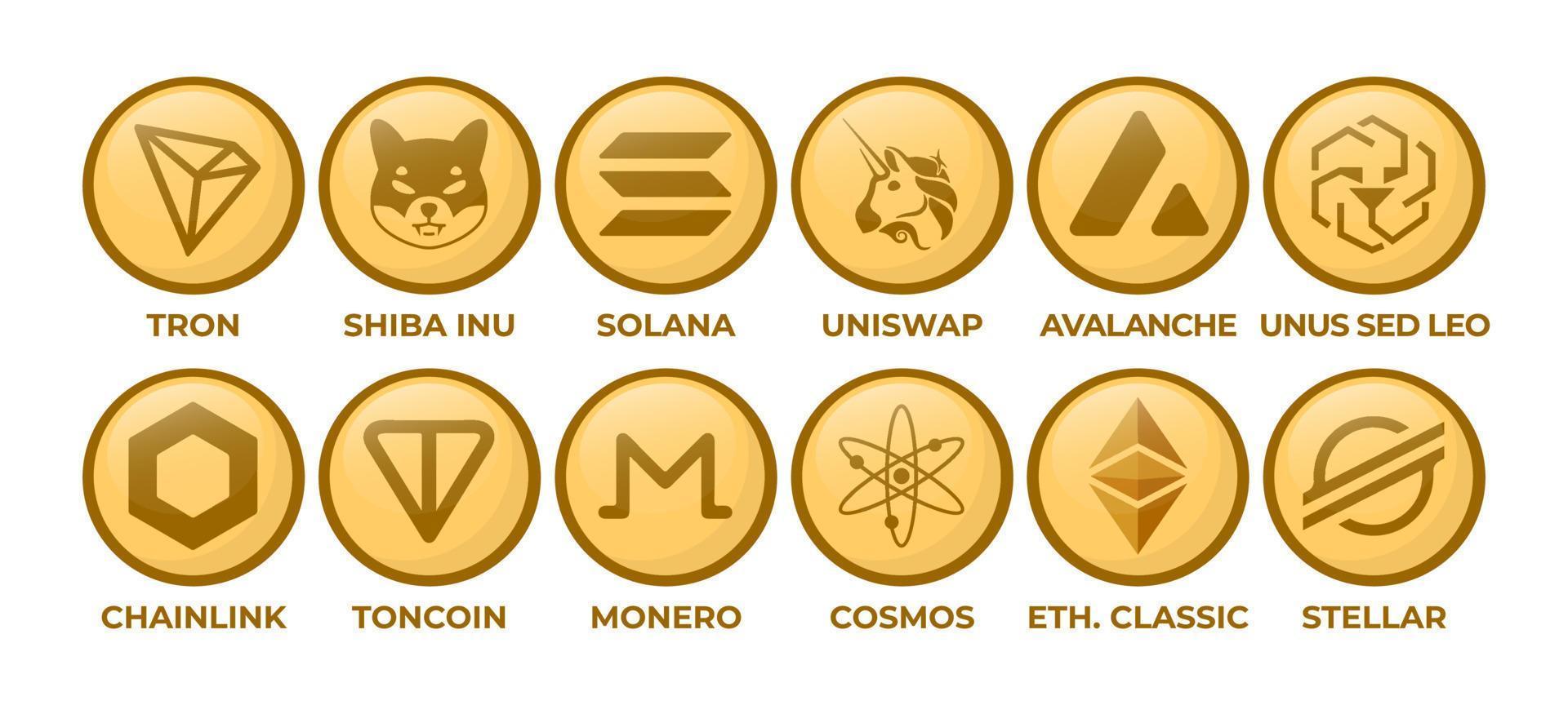 conjunto de monedas con el logotipo de criptomoneda tron, shiba inu, solana, uniswap, avalancha, unus sed leo, eslabón de la cadena, toncoin, monero, cosmos, ethereum classic, estelar vector