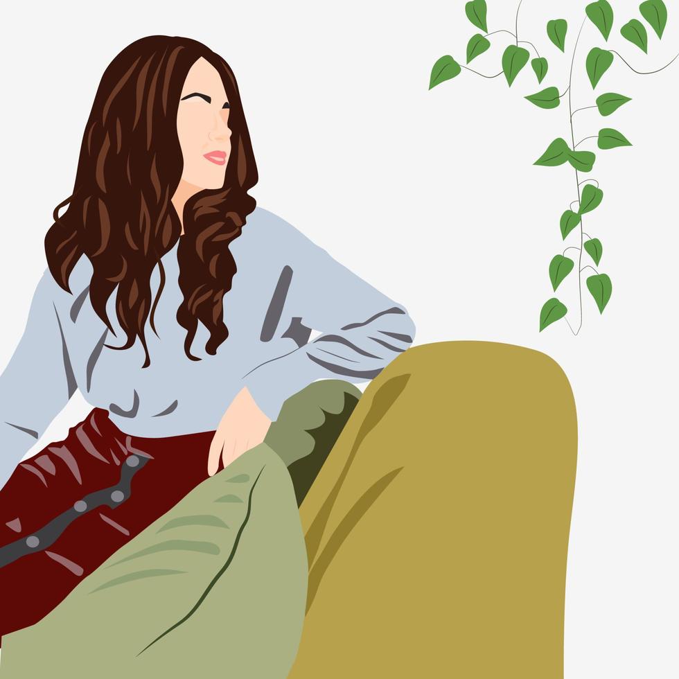 Smiling pretty girl sitting on sofa. Looking n future. Happy freelancer. Successful woman. Warm relaxing cozy interior. Vector illustration.