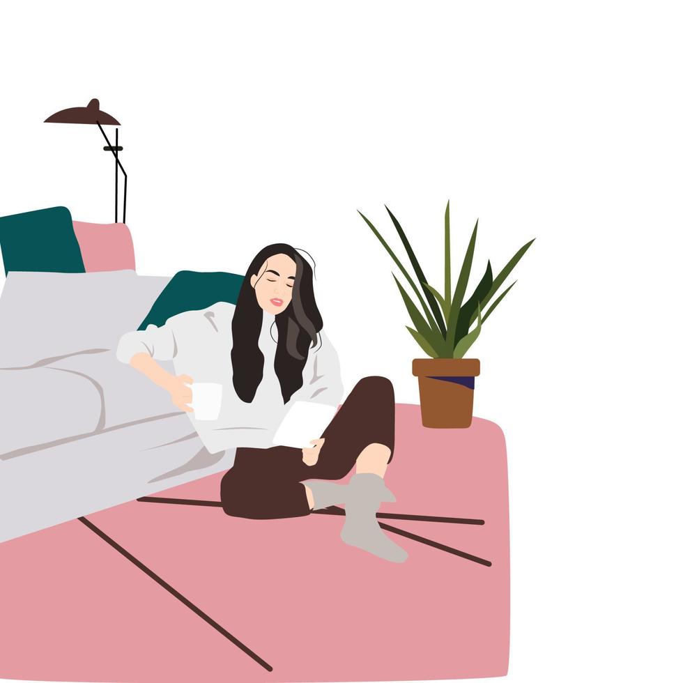 Freelancer  with laptop on carpet. Girl with cup of coffee watching serials, checking mail, working with pleasure. Vector illustration.