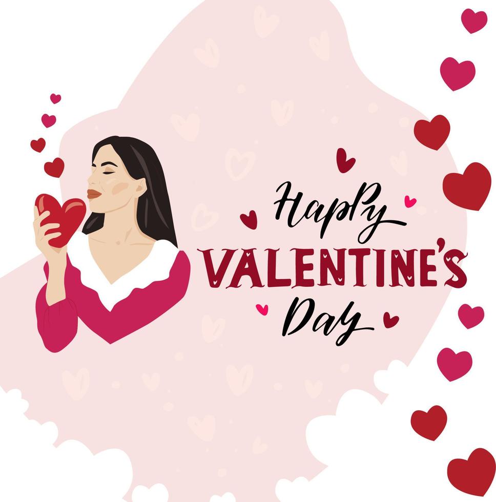 Smiling woman with cute hearts waiting for Valentines Day. Festive  greeting card design.  Happy Valentines day lettering. Vector illustration.