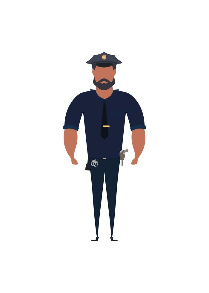 Police officer in uniform standing in front view. Profession people concept. Job at police station. Vector