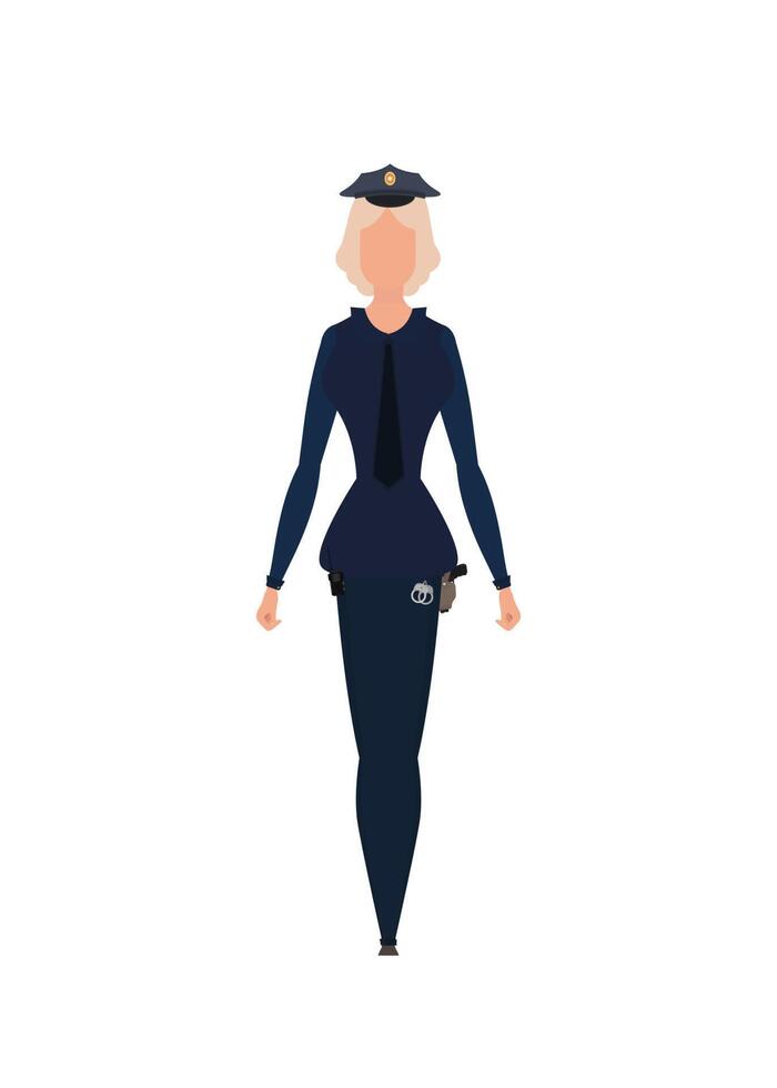 Lady police officer in blue uniform. Isolated. Vector illustration