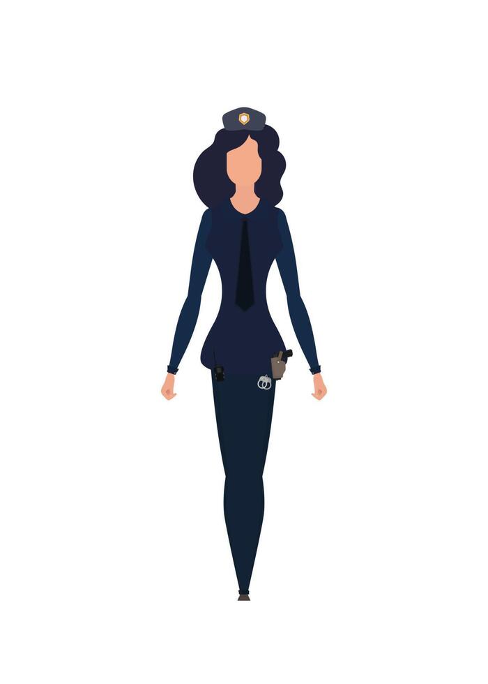 Lady police officer in blue uniform. Isolated. Vector illustration