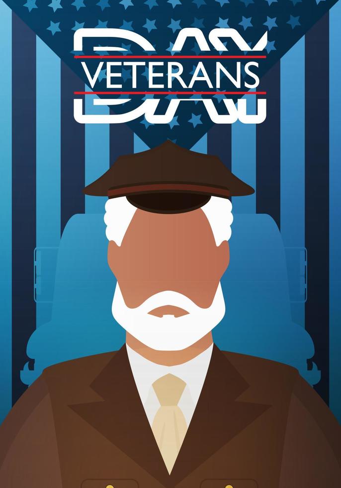 Veterans Day Postcard. A veteran in a brown military uniform against the background of the flag. Cartoon style. Vector