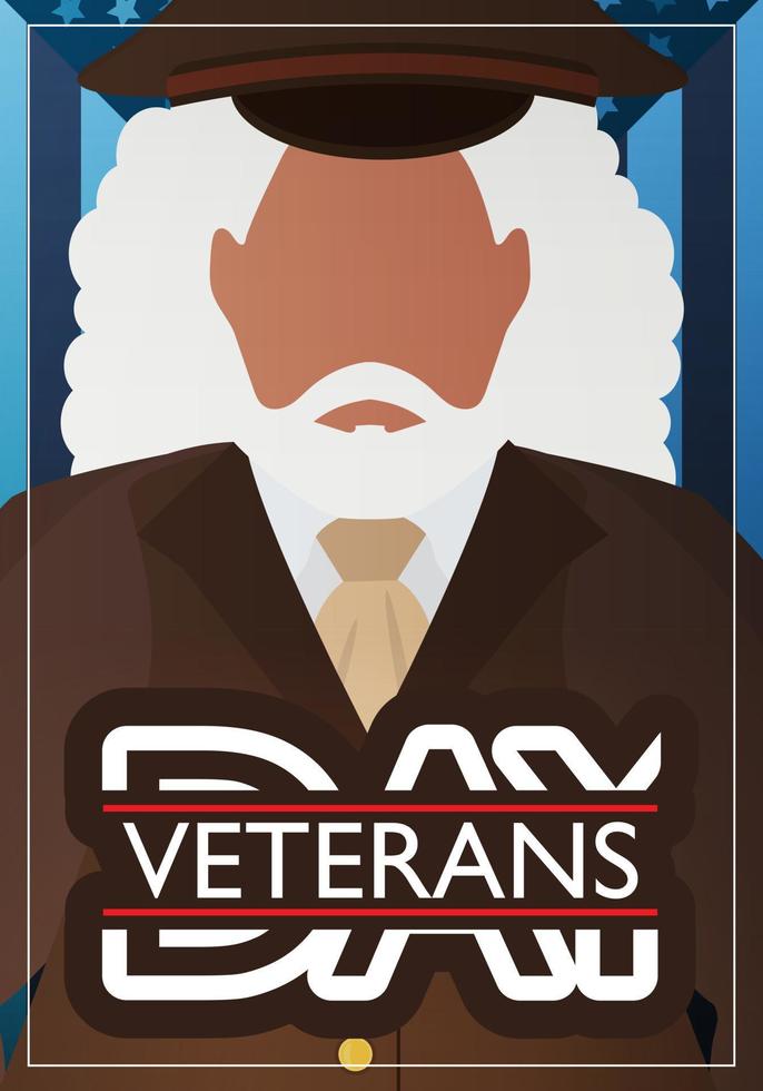 postal del día de los veteranos. un veterano con uniforme militar marrón contra el fondo de la bandera. estilo de dibujos animados vector