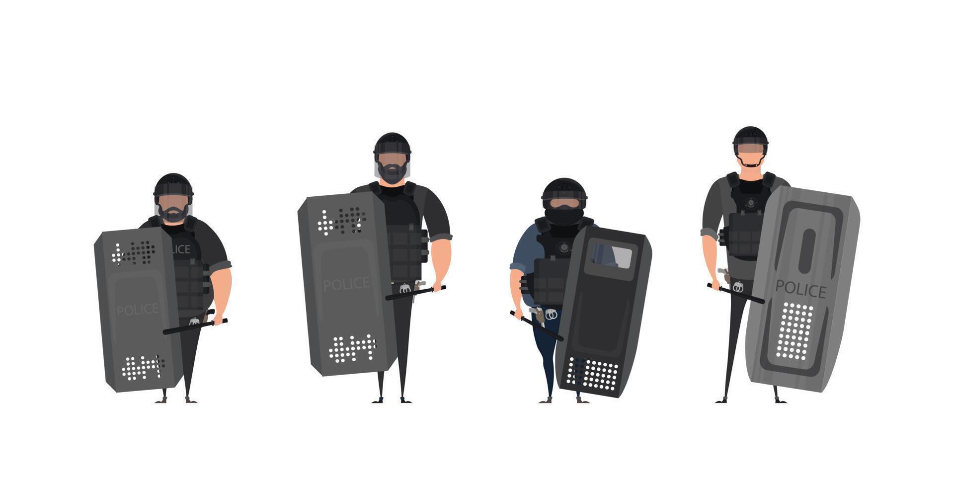 Police officer special forces set isolated on white background. Stop protest concept vector