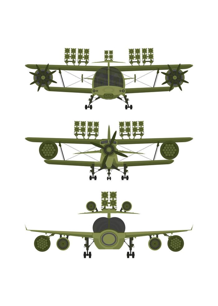 Set Military plane front view. Green fighter with rocket launchers. vector