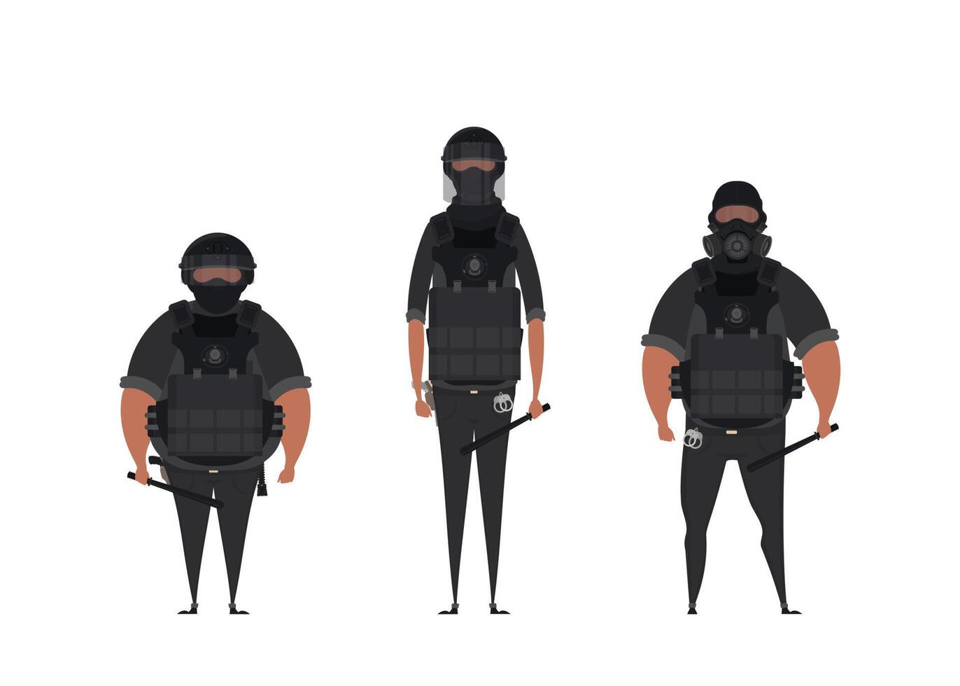 Set Special Law Enforcement Unit, man of Specialized Tactical Team, dressed in Army Combat Uniform and holding automatic firearm. vector