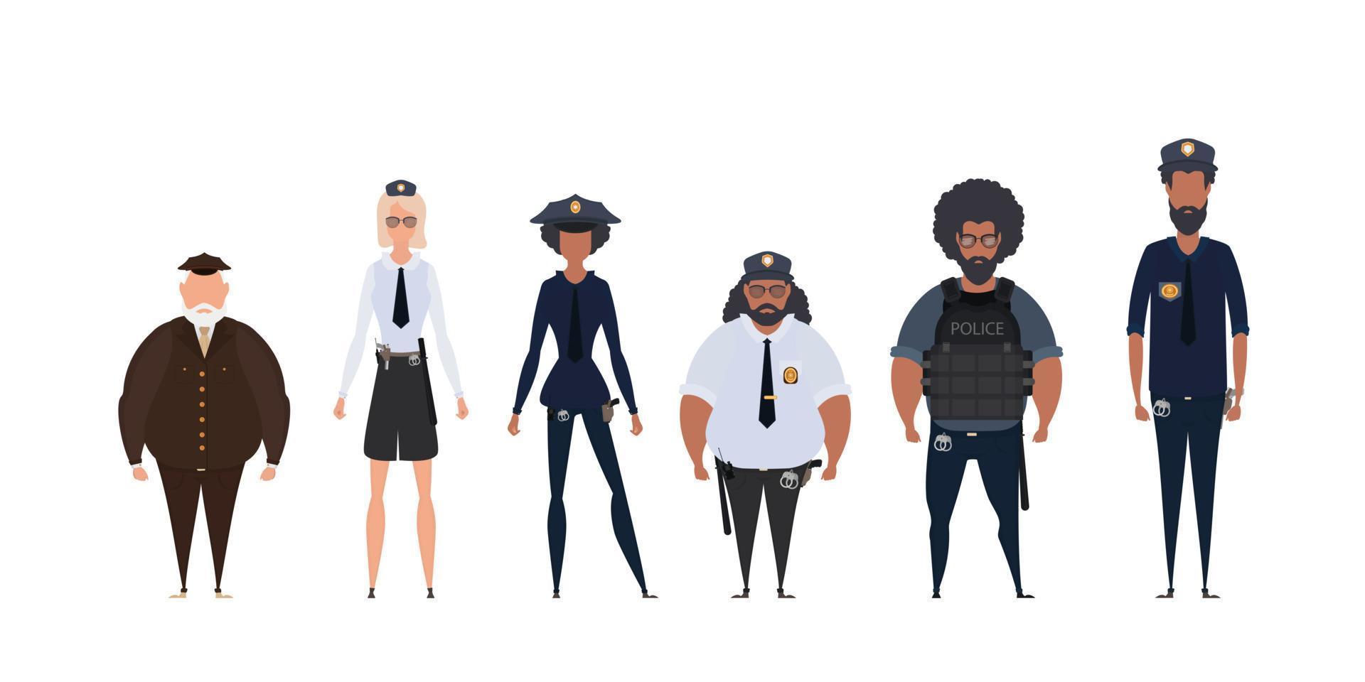 policía policía y oficial de seguridad en ilustración uniforme. grupo de policías. policías de mujer y hombre personajes vectoriales. vector