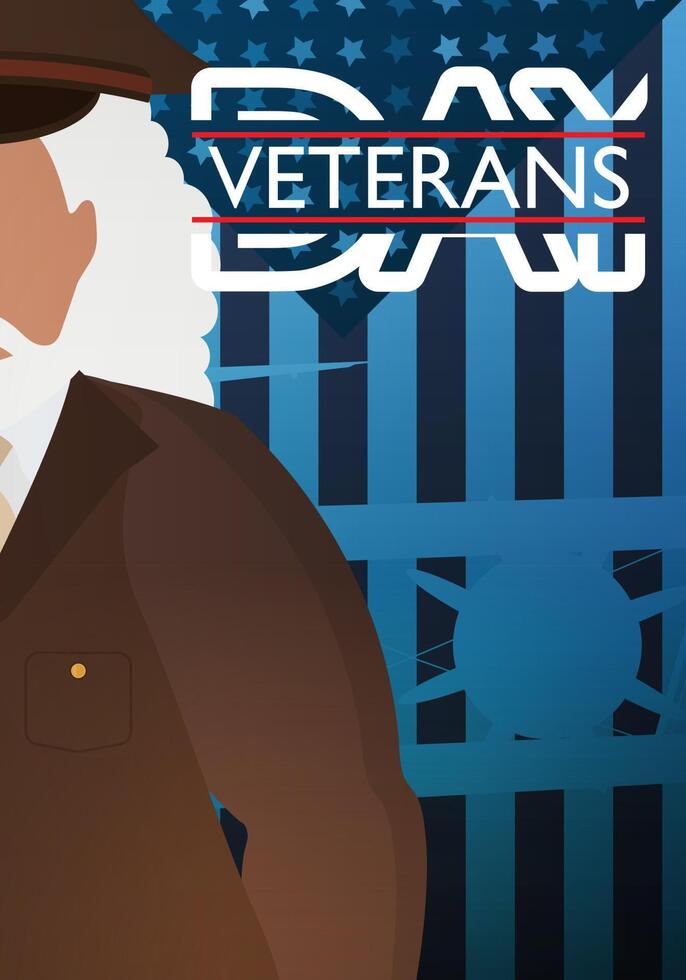 Veterans Day Postcard. A veteran in a brown military uniform against the background of the flag. Cartoon style vector