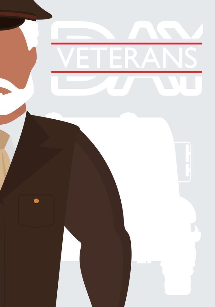 postal del día de los veteranos. veterano con uniforme militar marrón. estilo de dibujos animados vector