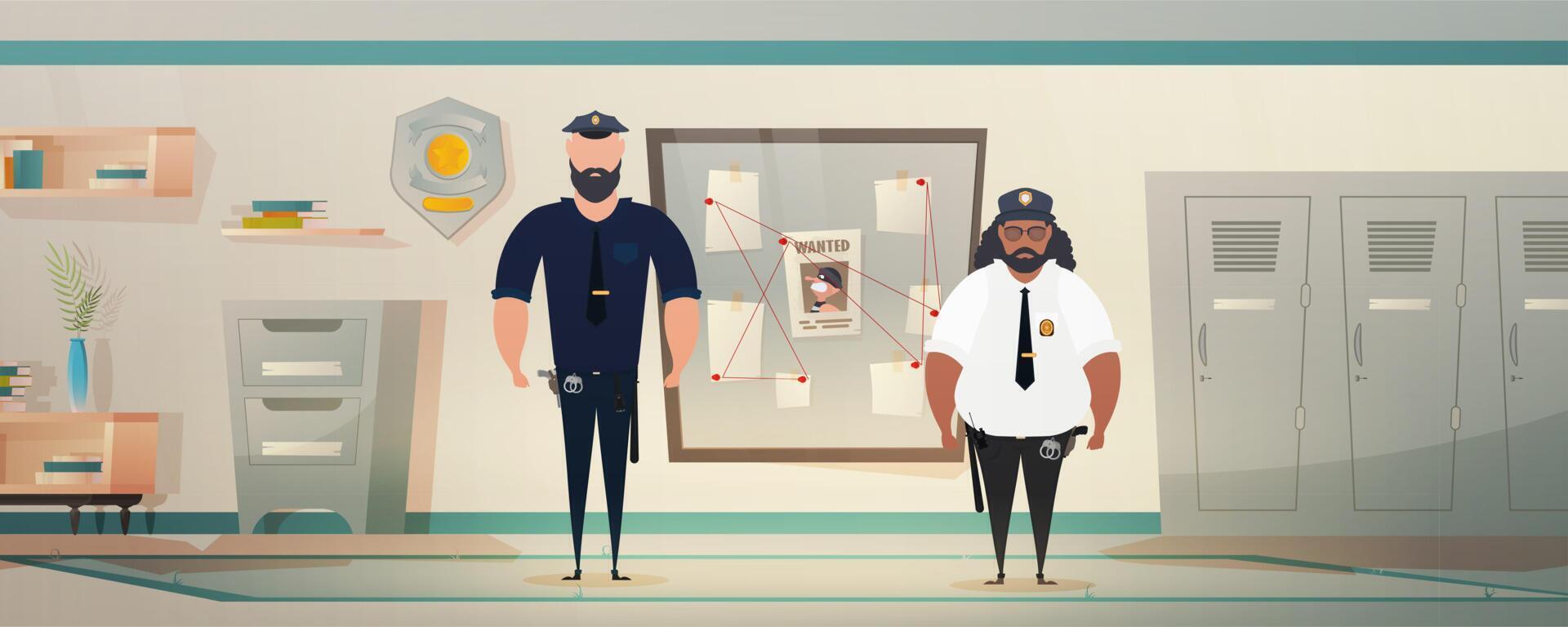 Policemen or militiamen in Police station or department, investigation office room interior, cartoon illustration. Vector