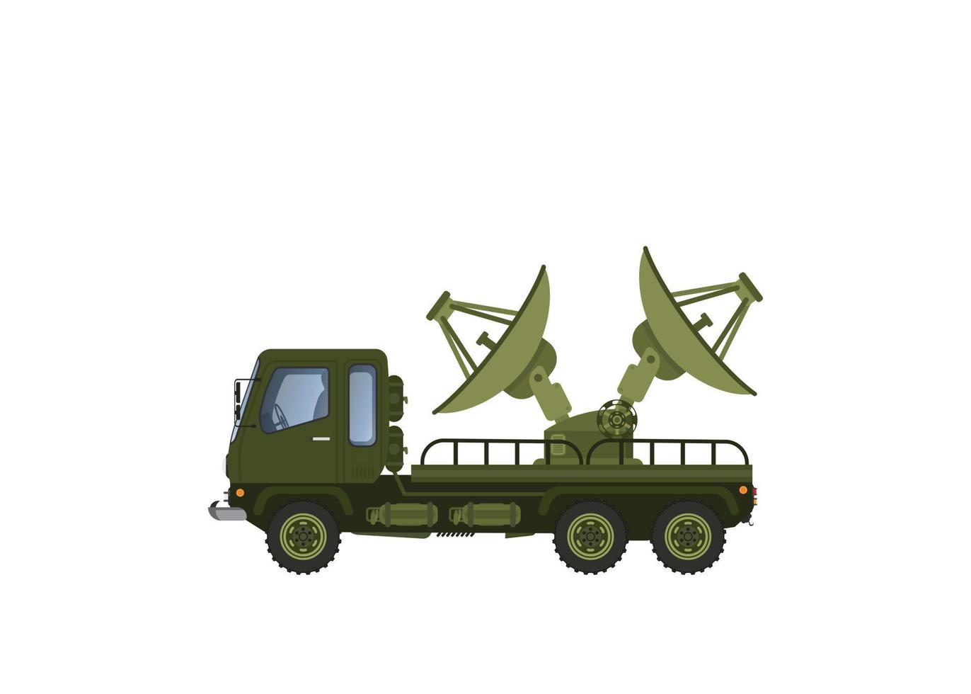 Military truck. Army transport with antenna. Modern appliances in protective green color. Radar and detection system. Scanning and recognition. Cartoon illustration vector
