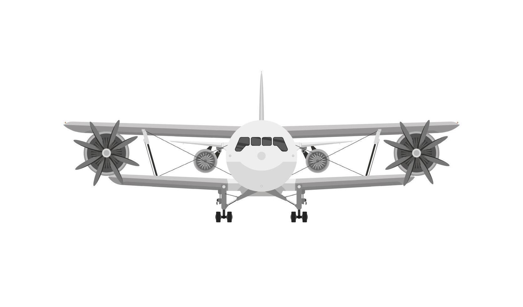 Retro biplane plane vector illusration. Small vintage piston engine airplane. Training aircraft front view