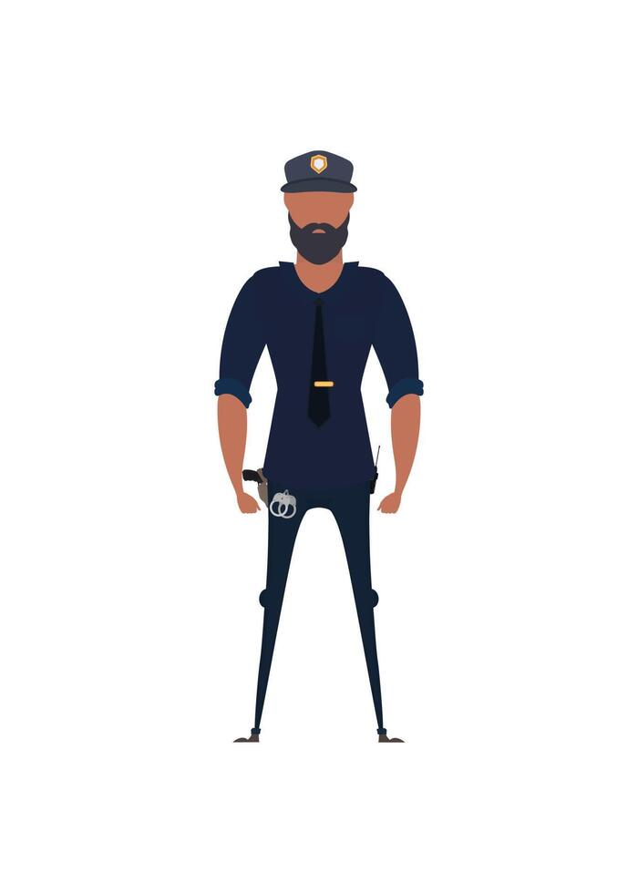 Police officer in uniform standing in front view. Profession people concept. Job at police station. vector