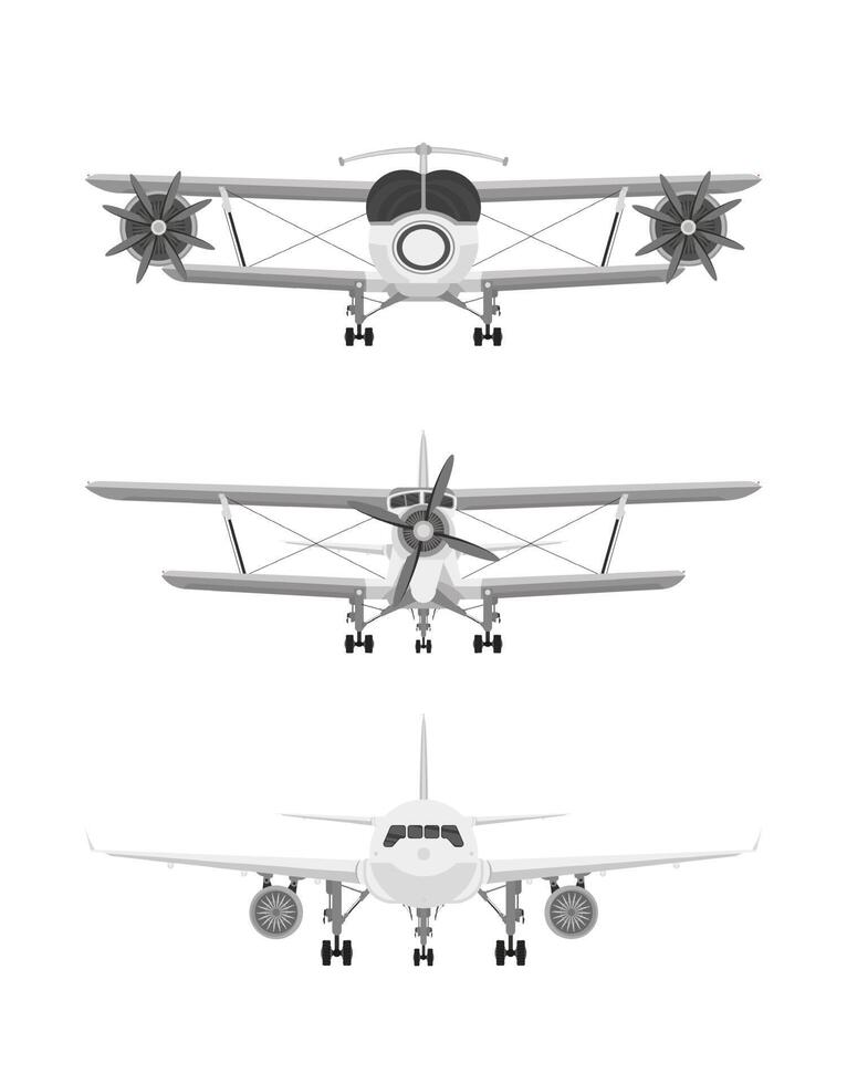 conjunto de aviones aislado sobre fondo blanco, vista frontal. vector