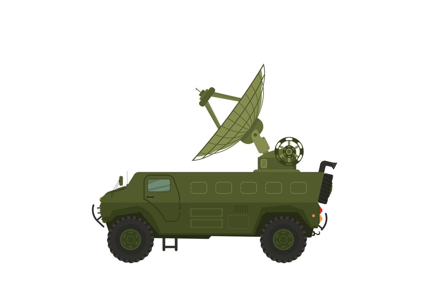 Radar guns. The broadcast, satellite communications. Antennas, receivers, communication with headquarters. Determining enemy locations. Special military equipment. All Terrain Vehicle, heavy vehicles. vector