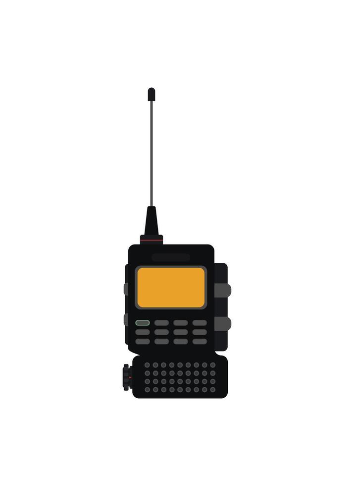 Radio transceiver. Black rectangle portable device with yellow screen and antenna. Vector 3d illustration isolated on white background