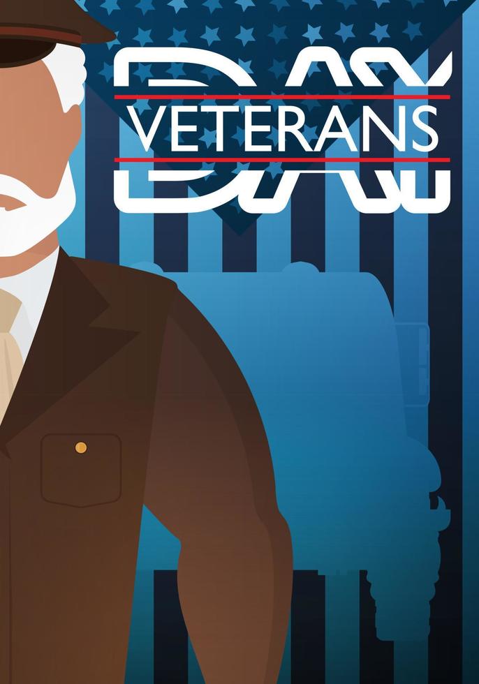 Veterans Day Postcard. A veteran in a brown military uniform against the background of the flag. Cartoon style. Vector