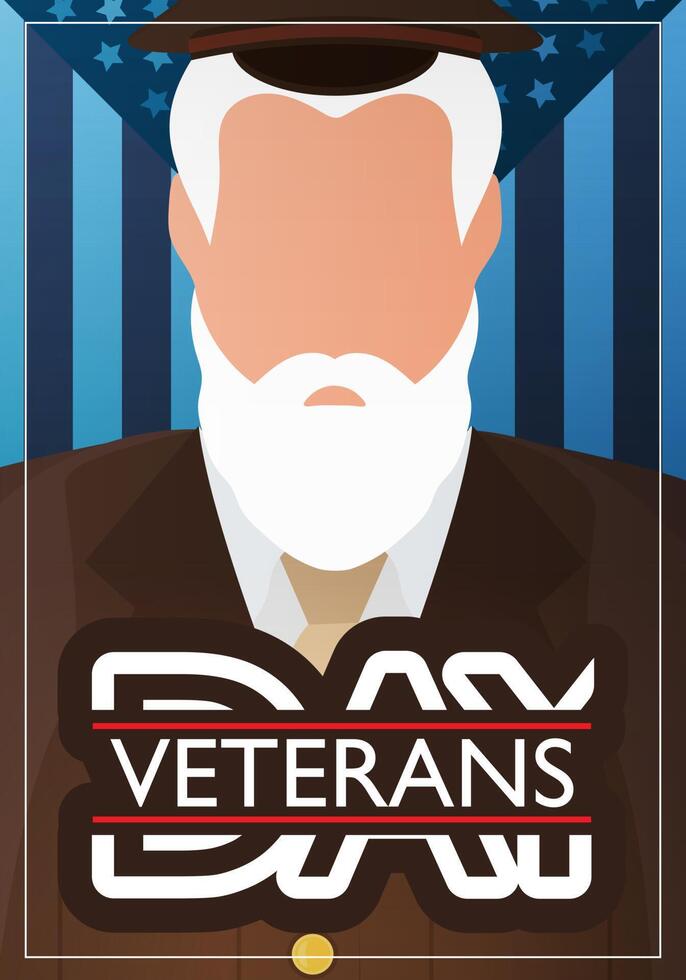 Veterans Day Postcard. A veteran in a brown military uniform against the background of the flag. Cartoon style vector