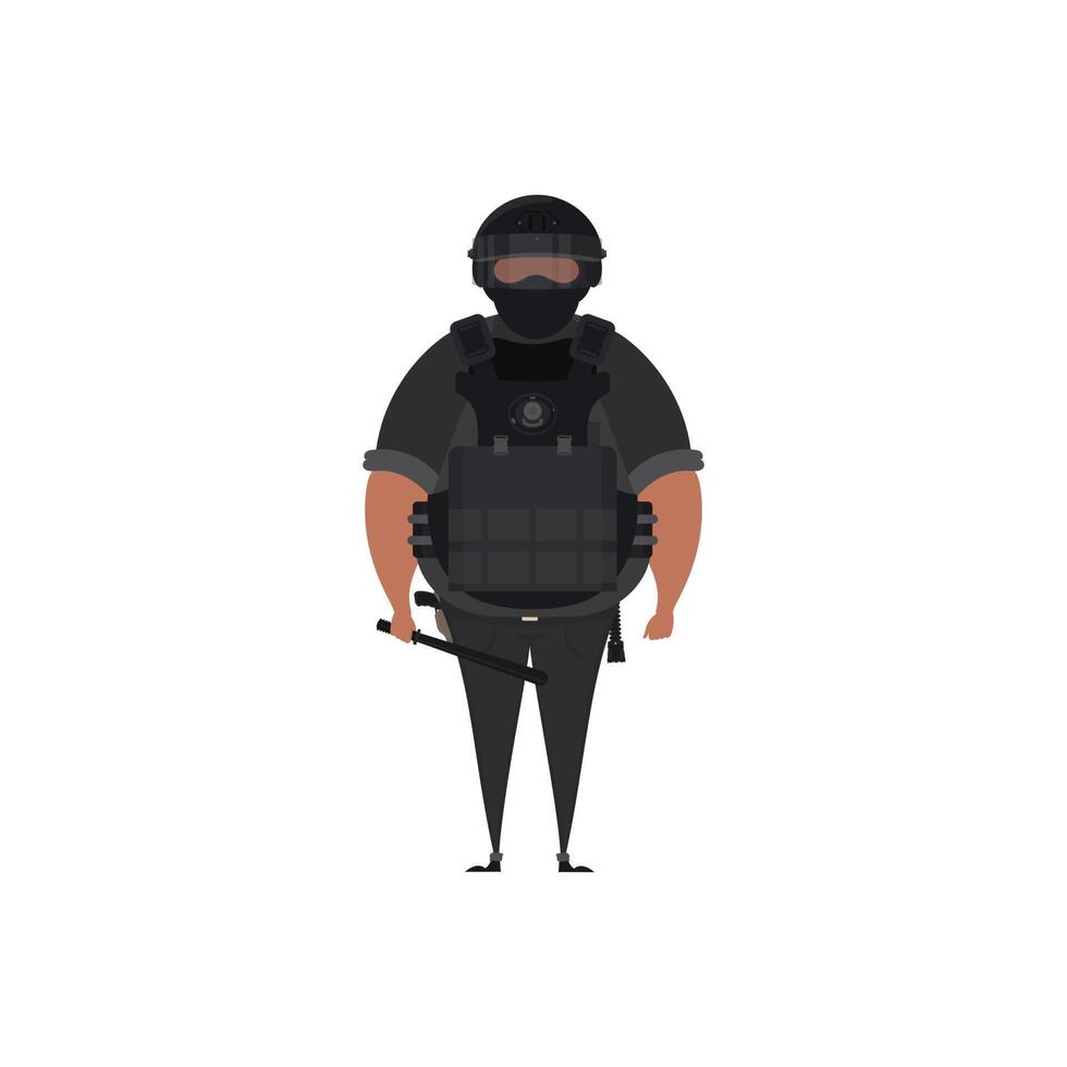 Special Law Enforcement Unit, man of Specialized Tactical Team, dressed in Army Combat Uniform and holding automatic firearm. Cartoon style. illustration vector