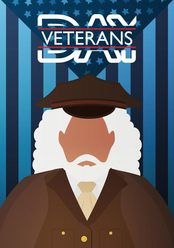 Veterans Day Postcard. A veteran in a brown military uniform against the background of the flag. Cartoon style vector