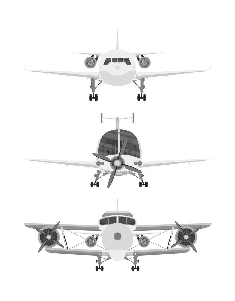 conjunto de aviones aislado sobre fondo blanco, vista frontal. vector