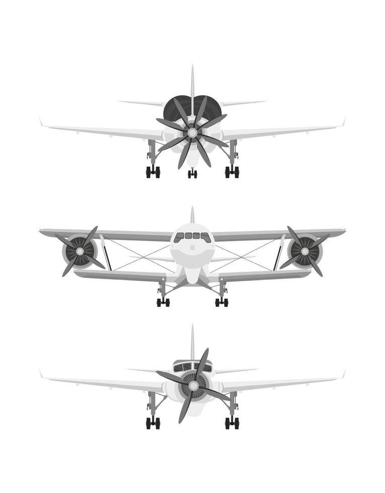 conjunto de aviones aislado sobre fondo blanco, vista frontal. vector