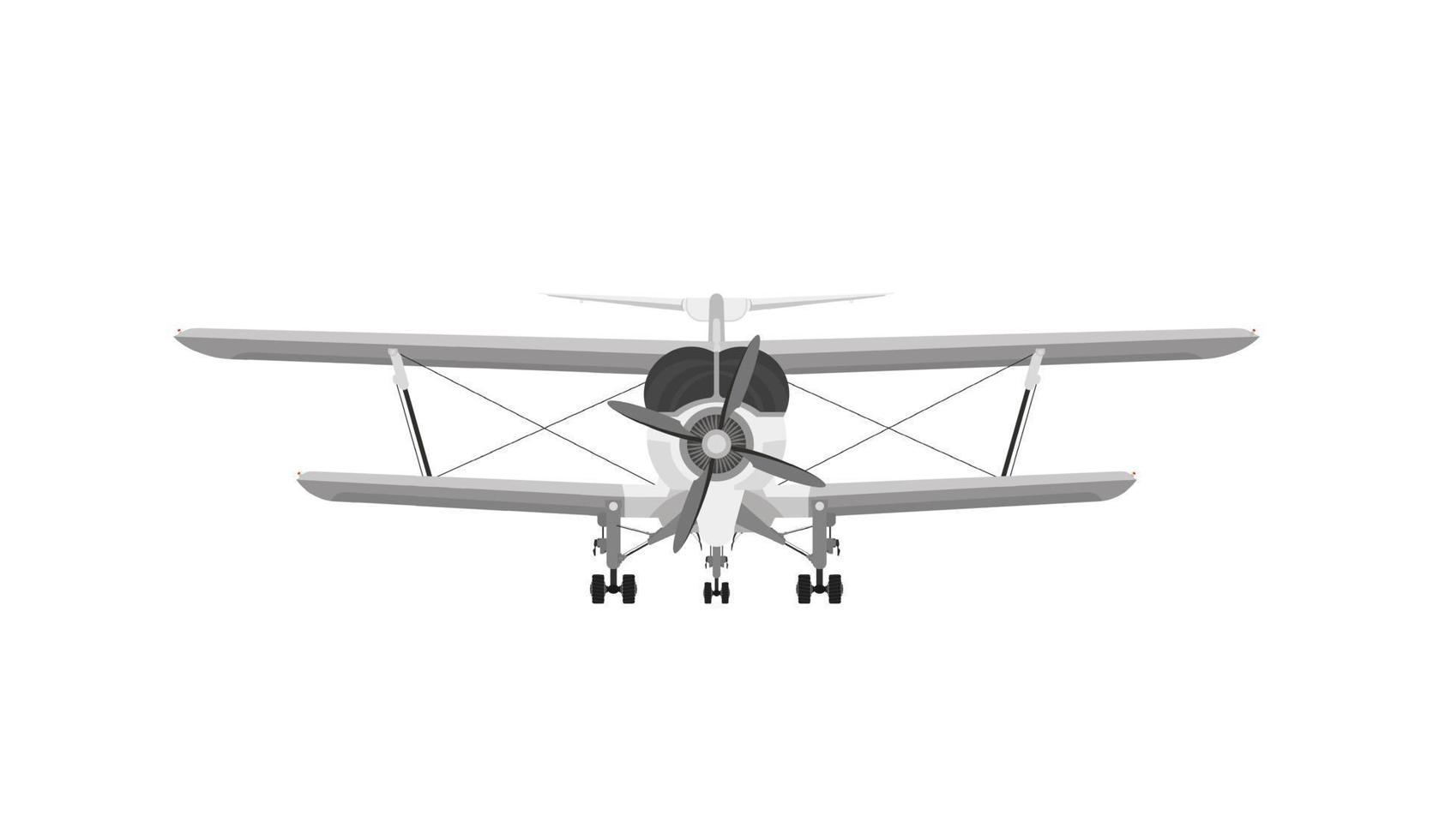 Ilustración de vector de avión biplano retro. pequeño avión de motor de pistón vintage. vista frontal del avión de entrenamiento