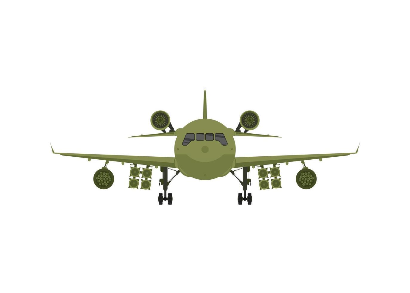 vista frontal del avión militar. luchador verde con lanzacohetes. vector