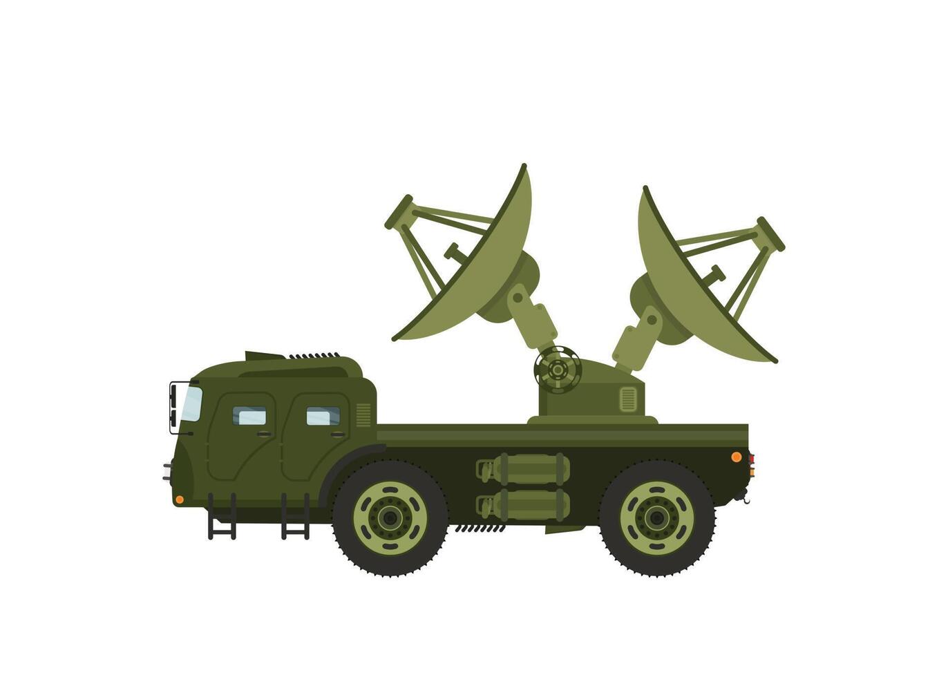 vehículo militar verde con radar para escanear al enemigo, aviones y la proximidad de la ubicación de la guerra. vector